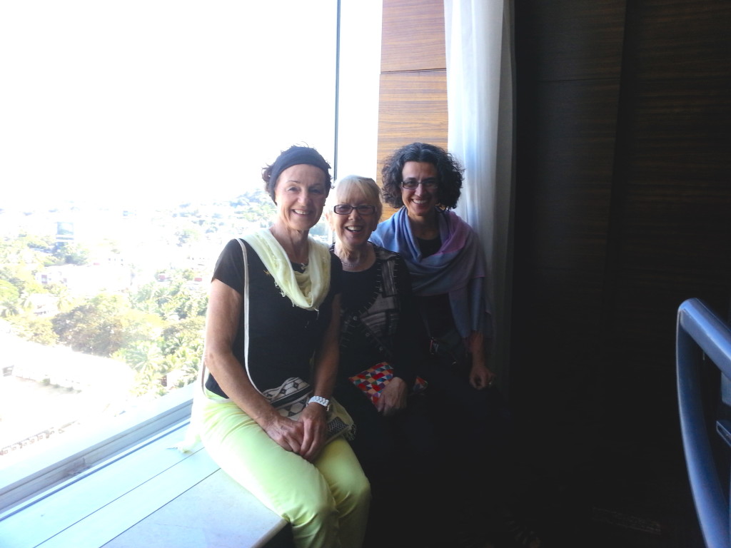 Back  at the hotel. ..debriefing the events of the day in particular , but the 8 days in general. We are on 23 floor. The afternoon sunlight didn't help to capture  the wonderful view with hills in the background. From left to right - me, Kay Perry from Australia and Leanne who teaches at (Yoga4AllBodies) in Reston