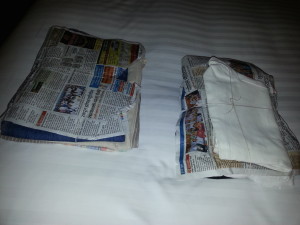 The more regular way one receives laundry in India... wrapped in newspaper and neatly tied with string. Just hope the ink from newspaper doesn't get on clothes!